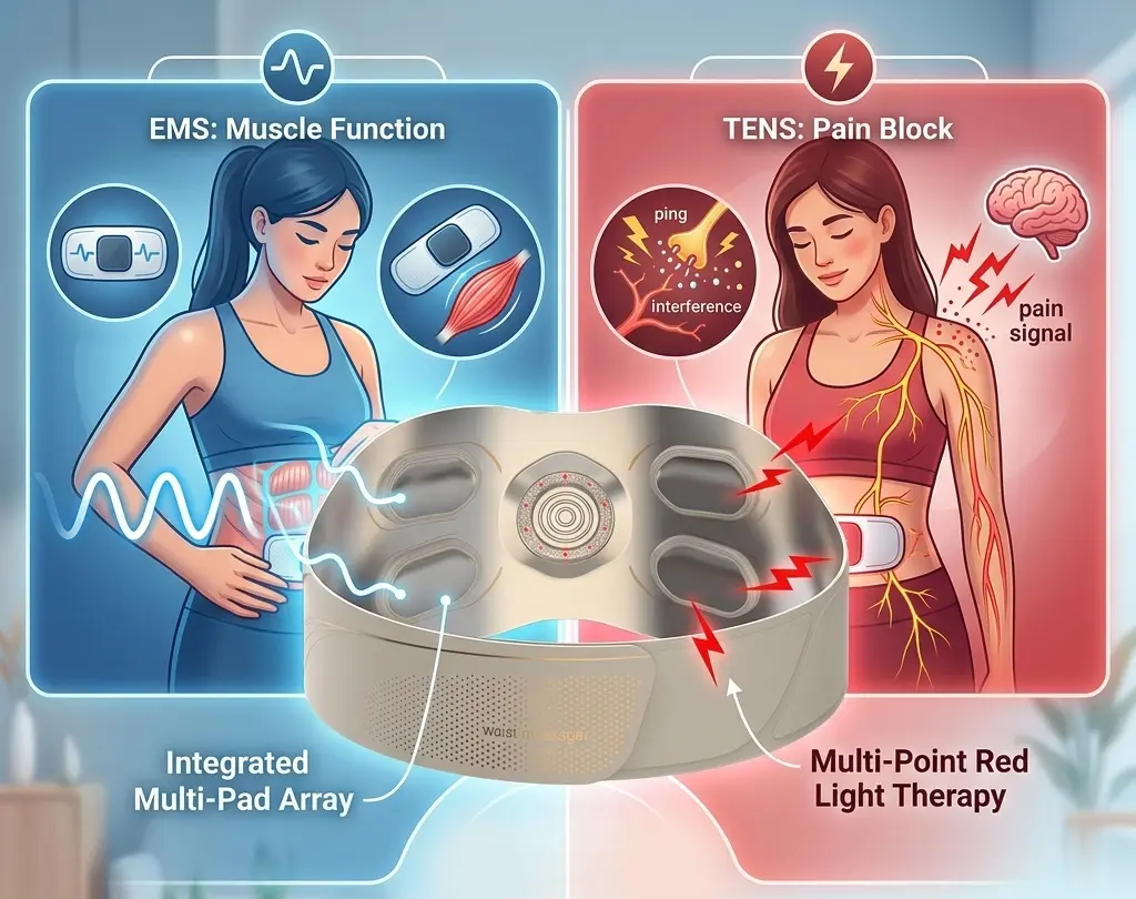 An information graphic comparing EMS and TENS technologies. In the center of the picture, there is a light gold smart waist and abdomen massage belt (with multiple electrode pads and a central red light therapy area). On the left side of the picture is the EMS (muscle function) explanation area in blue tones, showing waveform diagrams indicating muscle contractions in the female waist and abdomen; on the right side is the TENS (pain blocking) explanation area in red tones, demonstrating the principle of nerve conduction and blocking pain signals. Below the picture, through icons, the four integrated functions of this wearable device are summarized: EMS, TENS, heat therapy (Heat Therapy), and red light (Red Light), aiming to provide a comprehensive comfortable experience for women.