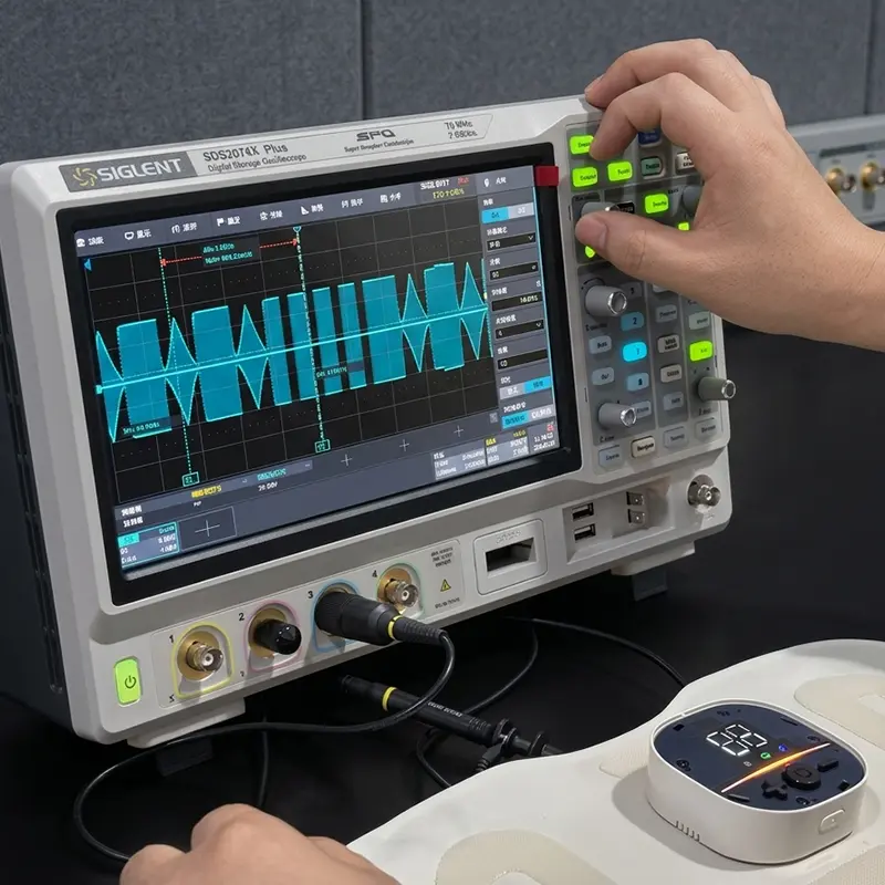 Pruebas de laboratorio realizadas por el fabricante de un masajeador de cintura EMS que muestran la forma de onda de salida en un osciloscopio digital para la producción ODM de un cinturón de masaje eléctrico inteligente.