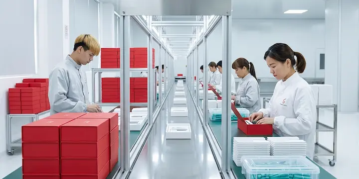 Modern dust-free assembly line in a waist massager factory packaging private label products for bulk wholesaler and global sourcing suppliers.