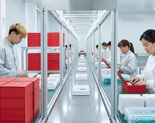 Modern dust-free assembly line in a waist massager factory packaging private label products for bulk wholesaler and global sourcing suppliers.
