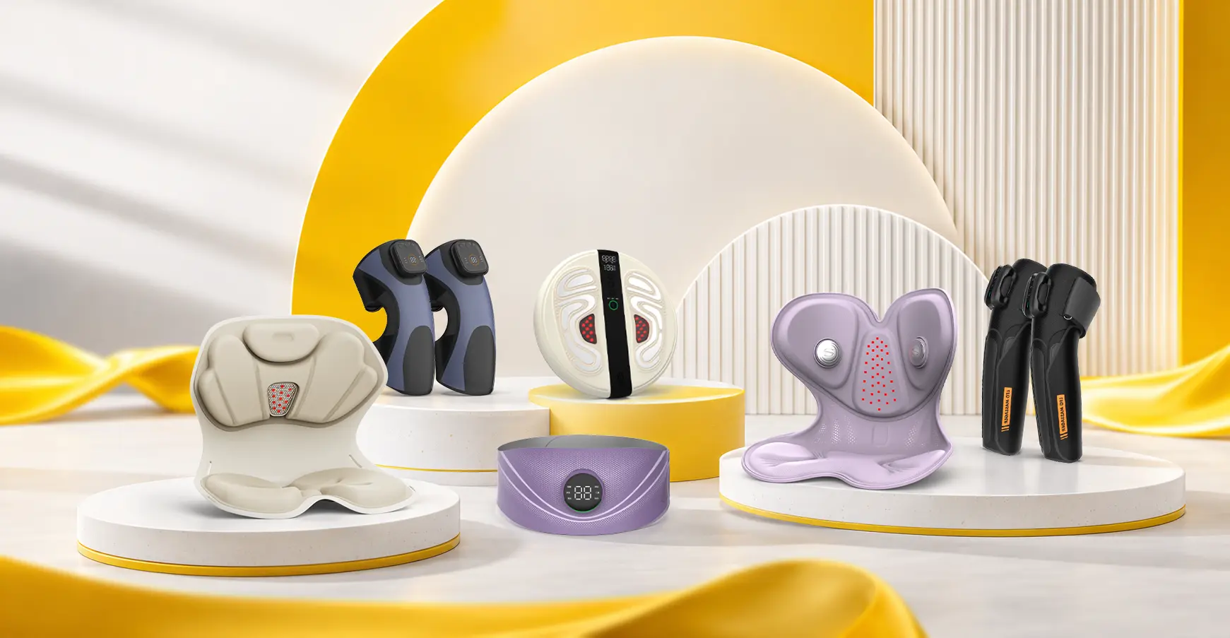 Tohachi full product lineup banner showcasing EMS smart waist belts, red light posture correction chairs, heated knee massagers, and leg air pressure massagers on elegant display stands.